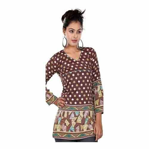 Women’s Printed Long Sleeves Crape Kurti Tunic tops with Gold Foil - 1011-L